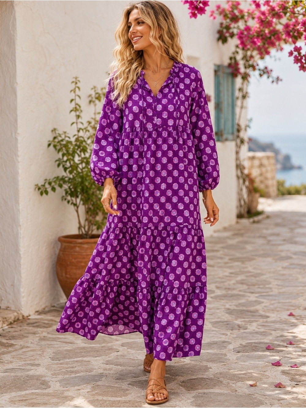 Dokotoo Boho Polka Dot Maxi Dress Long Puff Sleeve NWT